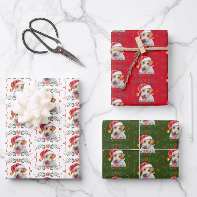Feuille De Papier Cadeau Jack Russell Chien Motif Noël (Recto)