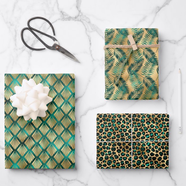 Feuille De Papier Cadeau Jade Green et Gold Foil Look (Recto)