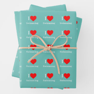 Feuille De Papier Cadeau J'aime Natation Typographie & Red Heart Mint Green