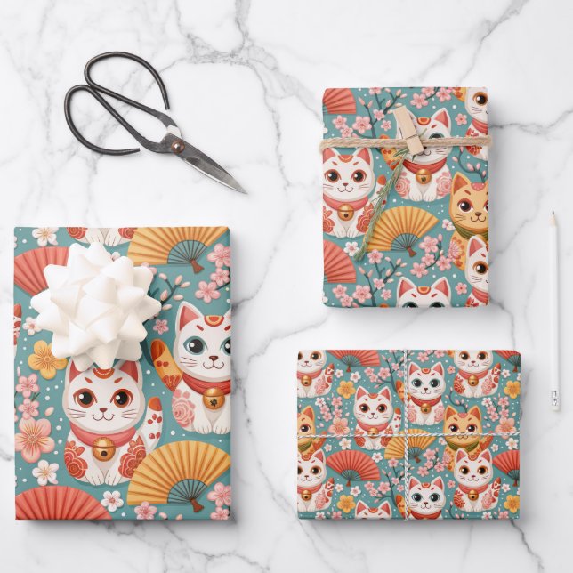 Feuille De Papier Cadeau Japanese Kawaii Cats with Cherry Blossoms Birthday (Recto)