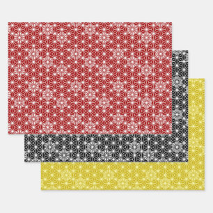Feuille De Papier Cadeau Japonais Asanoha motif, Rouge, Noir/Blanc, Or 