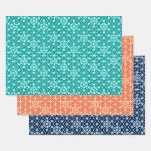 Feuille De Papier Cadeau Japonais Asanoha motif, Turquoise, Corail, Bleu 