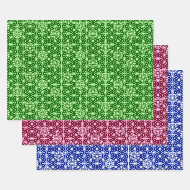 Feuille De Papier Cadeau Japonais Asanoha motif, Vert, Bourgogne, Bleu (Lot)