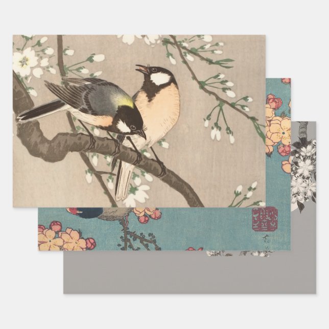 Feuille De Papier Cadeau Japonais Asiatique Koson Bird Chickadee Songbird (Lot)