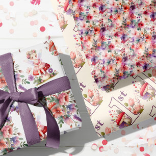 Feuille De Papier Cadeau Jardin d'aquarelle enchantée Fairy First Birday