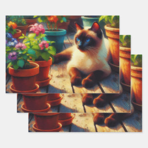 Feuille De Papier Cadeau Jardin de chats de Siamese Peinture à l'huile Déco