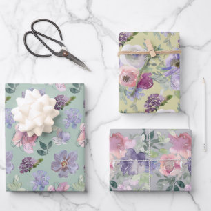 Feuille De Papier Cadeau Jardin de fleurs roses et violettes