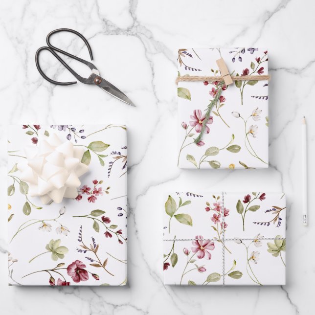 Feuille De Papier Cadeau Jardin de fleurs sauvages blanc floral (Recto)