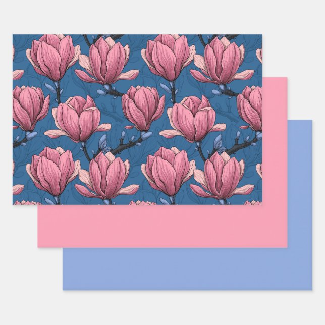 Feuille De Papier Cadeau Jardin de Magnolia en bleu (Lot)