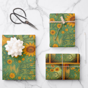 Feuille De Papier Cadeau Jardin de tournesol jaune vintage Art nouveau