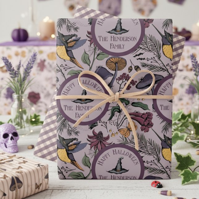 Feuille De Papier Cadeau Jardin des colibris et papillons d'Halloween éffra (Happy Halloween Wrapping Paper. Hummingbird Witch, Flower, Pine, Mushroom Fall Autumn Colors Pattern)