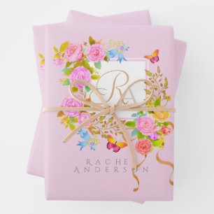 Feuille De Papier Cadeau Jardin fleuri romantique monogramme rose