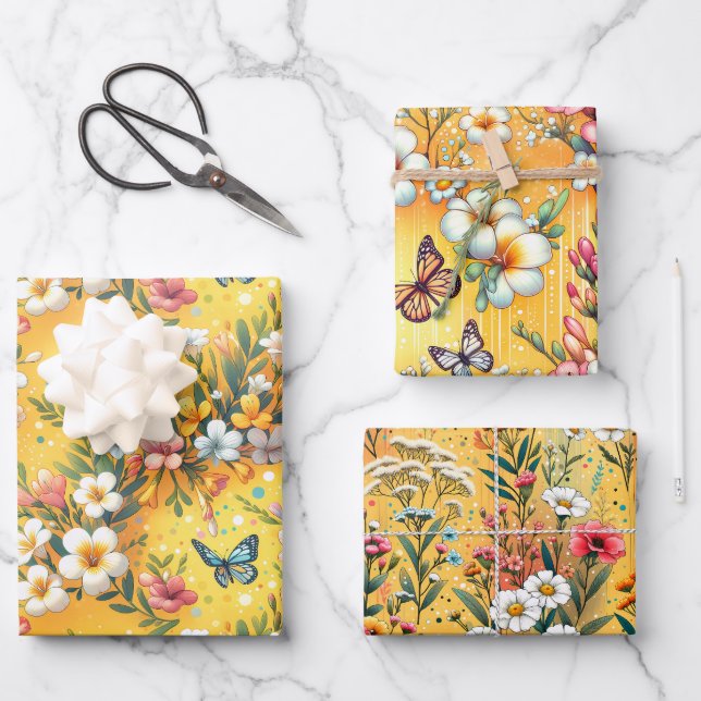 Feuille De Papier Cadeau Jardin Fleurie Dorée 3 (Recto)