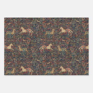 Feuille De Papier Cadeau Jardin Floral de Licorne Médiévale de Minuit