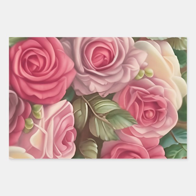 Feuille De Papier Cadeau Jardin Rose victorien - Fleurs rose pastel (Devant)