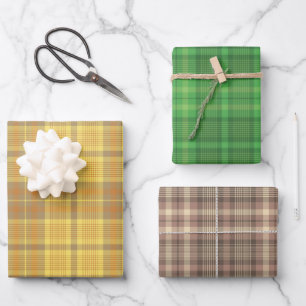 Feuille De Papier Cadeau Jaune Assorti, Vert et Brown Motif Plaid