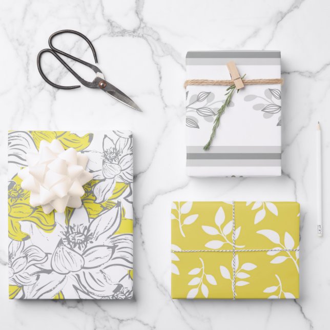 Feuille De Papier Cadeau Jaune Blanc Gris Fleurs Anniversaire Mariage (Recto)