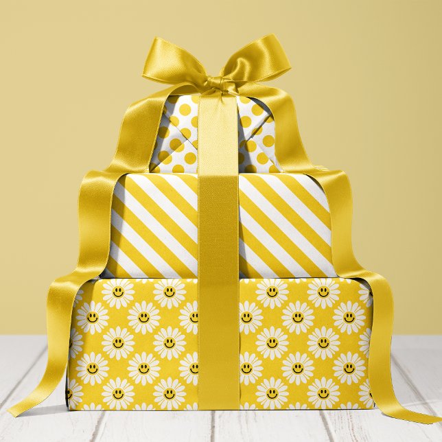 Feuille De Papier Cadeau Jaune Daisy Striped et Polka Dot (Créateur téléchargé)