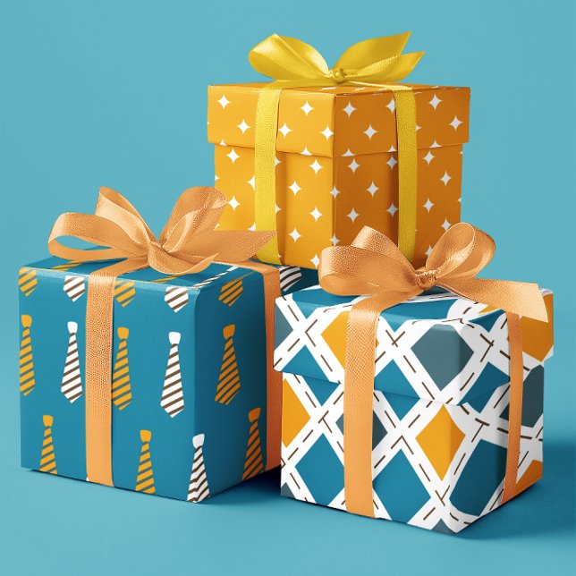 Feuille De Papier Cadeau Jaune et bleu Turquoise cravates ensemble de 3 (Yellow and Teal blue ties set of 3 Wrapping Paper Sheets)