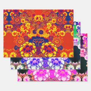 Feuille De Papier Cadeau JAUNE FLEURS BLEUES Peony, Floral japonais Rose