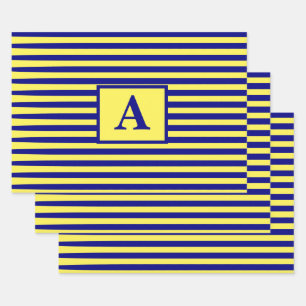 Feuille De Papier Cadeau Jaune Marine Bleu Monogramme Nautique Noël