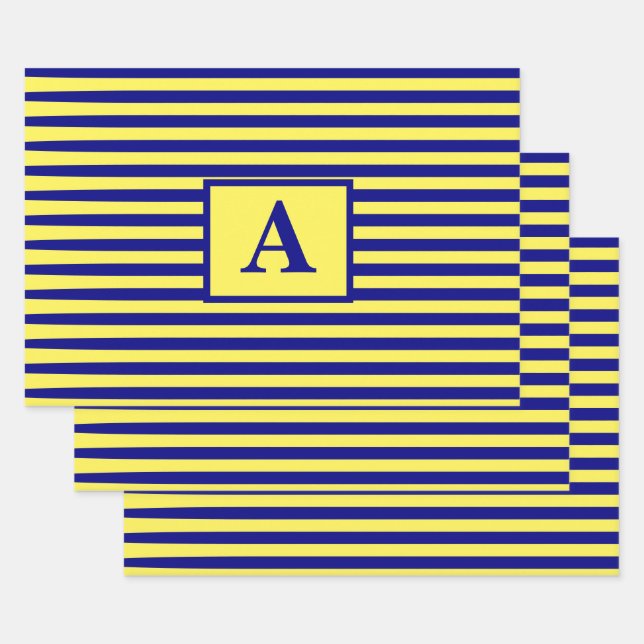 Feuille De Papier Cadeau Jaune Marine Bleu Monogramme Nautique Noël (Lot)