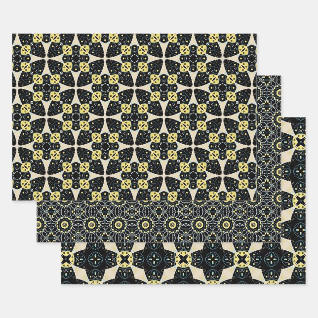 Feuille De Papier Cadeau Jaune noir et beige Elegant Motif géométrique (Lot)