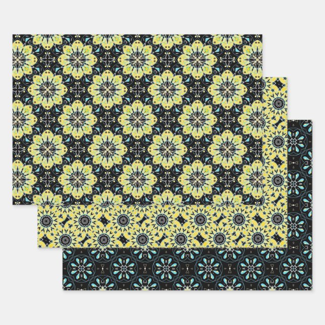 Feuille De Papier Cadeau Jaune Noir Turquoise Motifs géométriques (Lot)