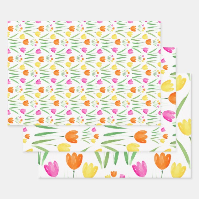 Feuille De Papier Cadeau Jaune, rose, orange Tulips Motif (Lot)