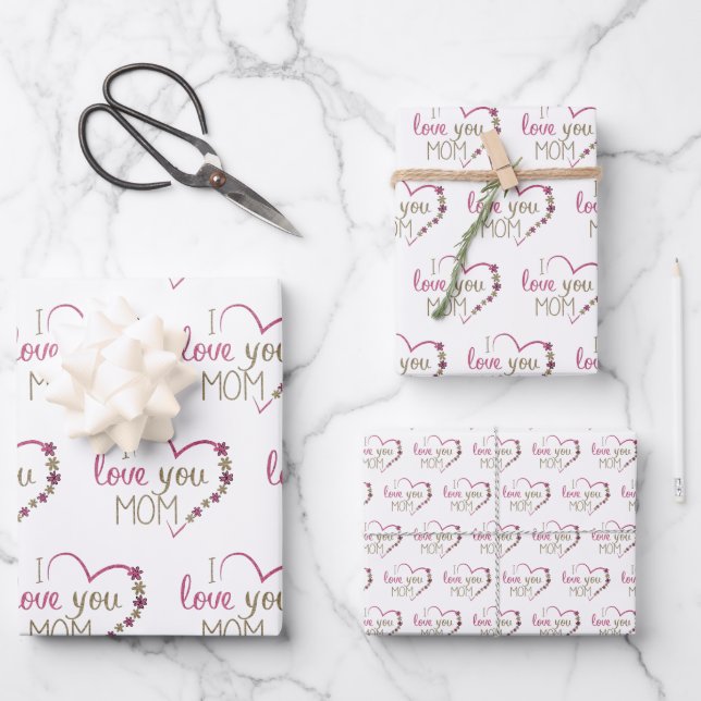 Feuille De Papier Cadeau Je t'aime Maman Citer Coeur de Parties scintillant (Recto)