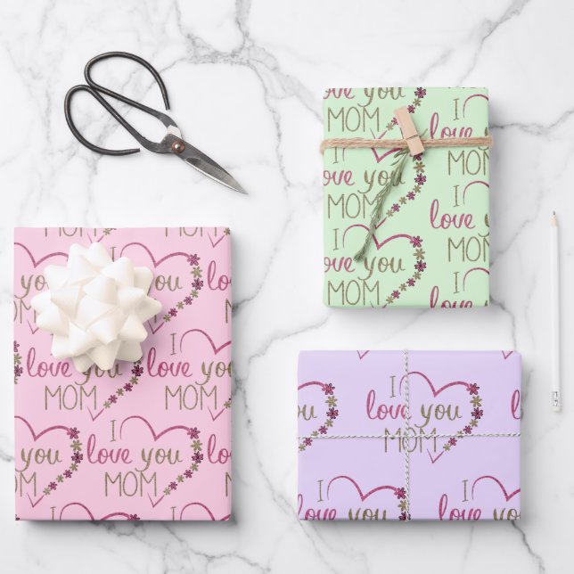 Feuille De Papier Cadeau Je t'aime Maman Design (Recto)