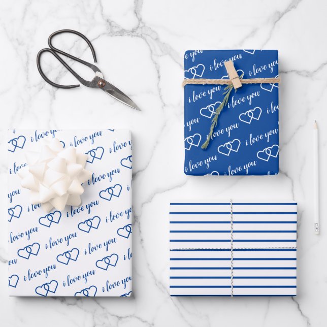 Feuille De Papier Cadeau Je t'aime Valentine Blue Hearts Stripes (Recto)