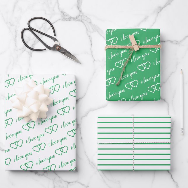 Feuille De Papier Cadeau Je t'aime Valentine Green Hearts Stripes (Recto)