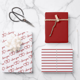Feuille De Papier Cadeau Je t'aime Valentine Red Hearts Stripes