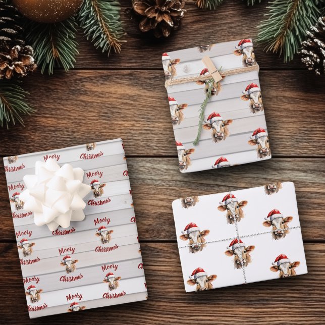 Feuille De Papier Cadeau Jersey Cow, Barn Wood, "Moory Christmas" (Moory christmas jersey cow gift wrap)