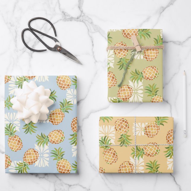 Feuille De Papier Cadeau Jeu d'ananas en orange, bleu et vert (Recto)