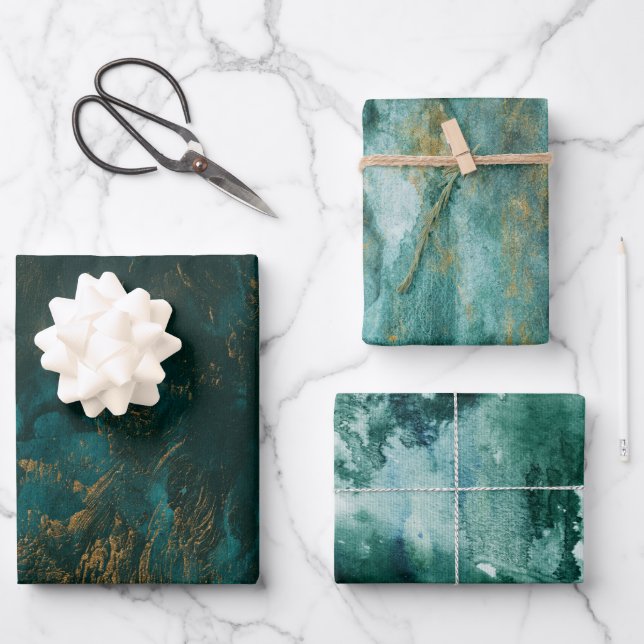 Feuille De Papier Cadeau Jeu d'aquarelle en or vert Festif de 3 (Recto)