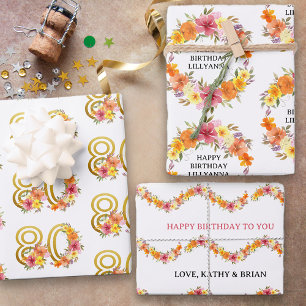 Feuille De Papier Cadeau Jeu de 3 80e anniversaire et n'importe quel âge fl