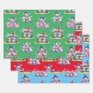 Feuille De Papier Cadeau Jeu de 3 cochon adorable assisté Enveloppement cad