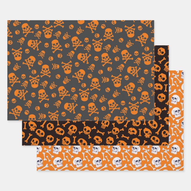 Feuille De Papier Cadeau Jeu de 3 crâne et crossbones Citrouille Orange (Lot)