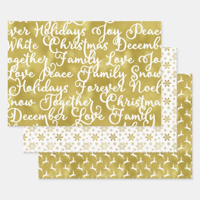 Feuille De Papier Cadeau Jeu de 3 Gold Foil et blanc moderne Noël (Lot)