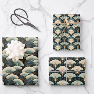 Feuille De Papier Cadeau Jeu de modèles japonais Turquoises et or