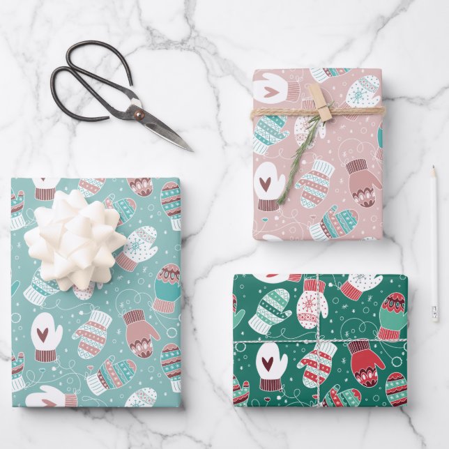 Feuille De Papier Cadeau Jeu de Motifs Cosy Winter Christmas Mittens (Recto)