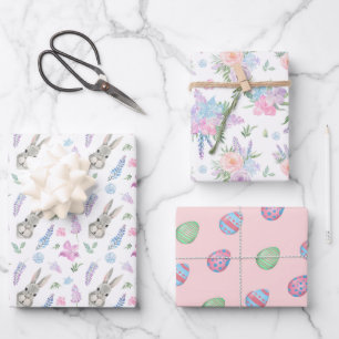 Feuille De Papier Cadeau Jeu de Printemps Lapines de Pâques, Fleurs et Oeuf