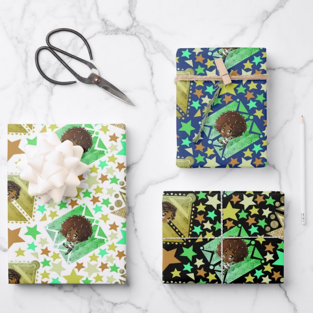 Feuille De Papier Cadeau Joli Africain Américain Garçons Étoiles (Recto)