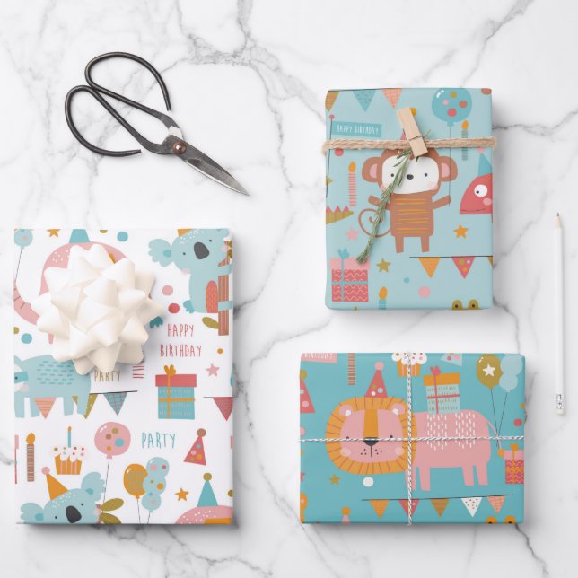 Feuille De Papier Cadeau Joli Anniversaire Animaux Koala Lion Sloth (Recto)