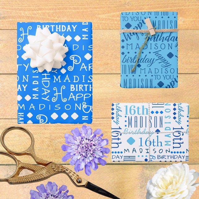 Feuille De Papier Cadeau Joli Anniversaire Bleu N'importe quel âge Ajouter  (So easy to customize, these typography Birthday wrapping paper sheets will bring WOW to the party.)
