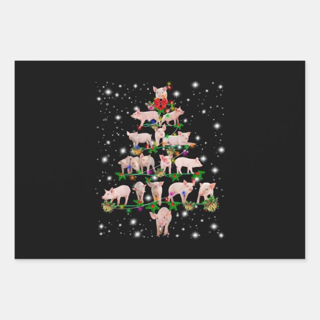 Feuille De Papier Cadeau Joli Arbre De Noël De Cochon Couvert De Flamme De  (Devant)