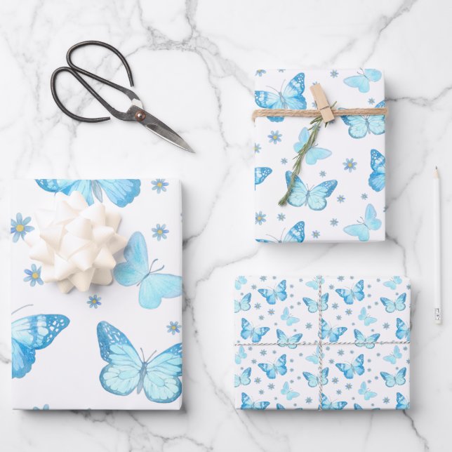 Feuille De Papier Cadeau Joli Bébé Bleu Papillon Floral Design (Recto)