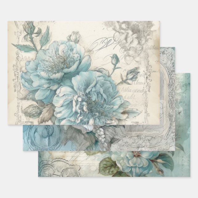 Feuille De Papier Cadeau Joli Blue Floral Shabby Chic (Lot)
